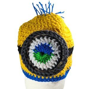 Despicable Me Minion Crochet Hat Beanie Light up Eye Youth Size Blue Hair